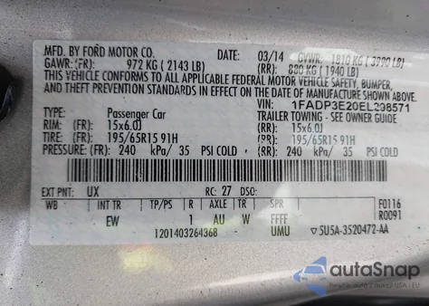 2014 Ford Focus S z USA, uszkodzony, nr VIN 1FADP3E20EL298571